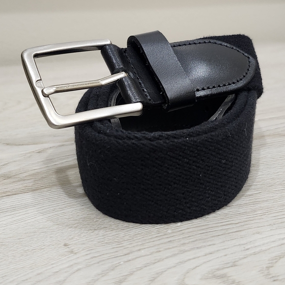Men's Black Leather Woven Elastic Stretch Belt Size 46-48 Dominican Republic - Picture 1 of 6